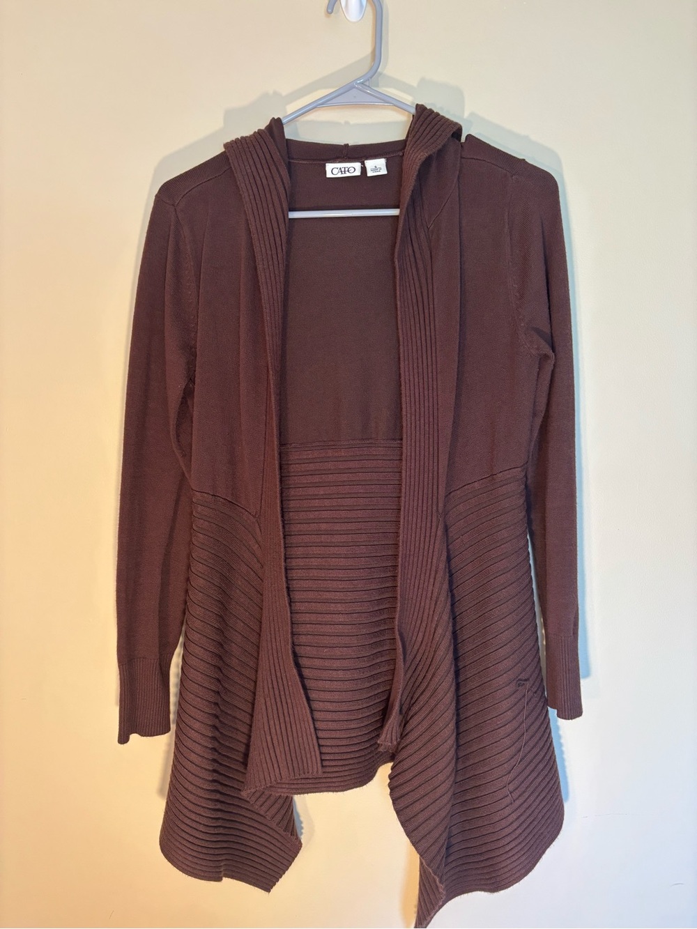 Cato Brown Hooded Ribbed Open Cardigan